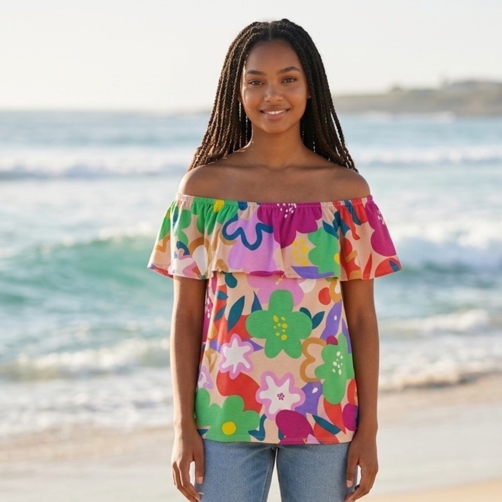 Sew In Love Women Floral Off The Shoulder Ruffle Top Multicolor L 70s style Retr